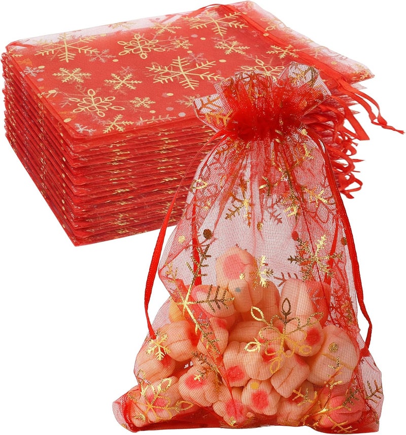 BOEIAC Snowflake Organza Bags, 100 PCS Christmas Sheer Organza Bags with Drawstring 4 x 6 inch, Jewelry Gift Bag, Red Small Mesh Goodies Xmas Wedding Favor Mini Candy Pouches Bag for Christmas Party Favors - Image 1